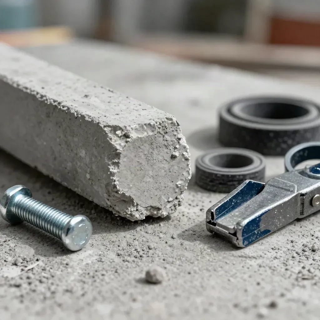 Kernboor van beton met bouten, rubber ringen en een stalen klem op ruwe betongrond.