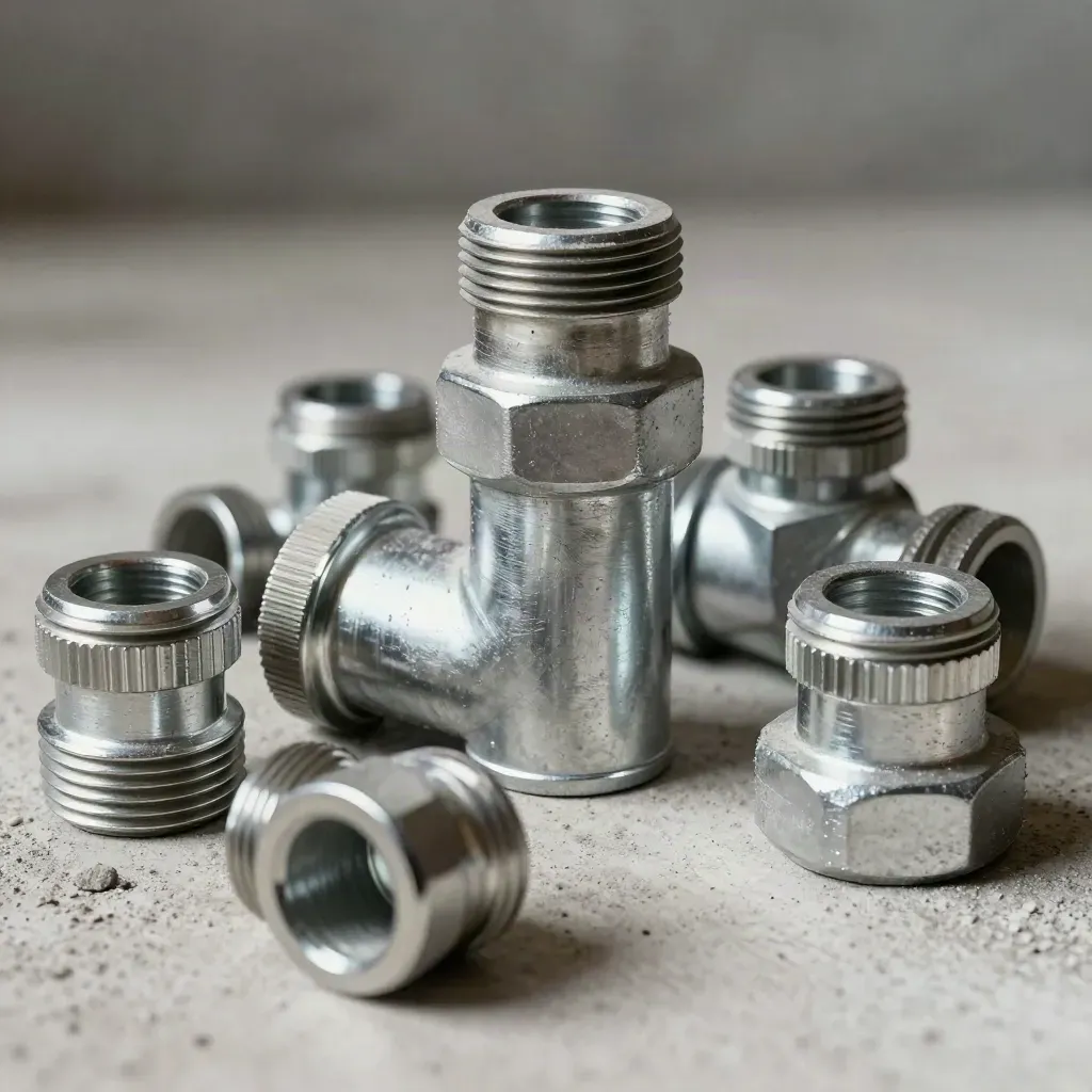 Galvanische buizenbochten, ringen en beton in een dramatische technische still life