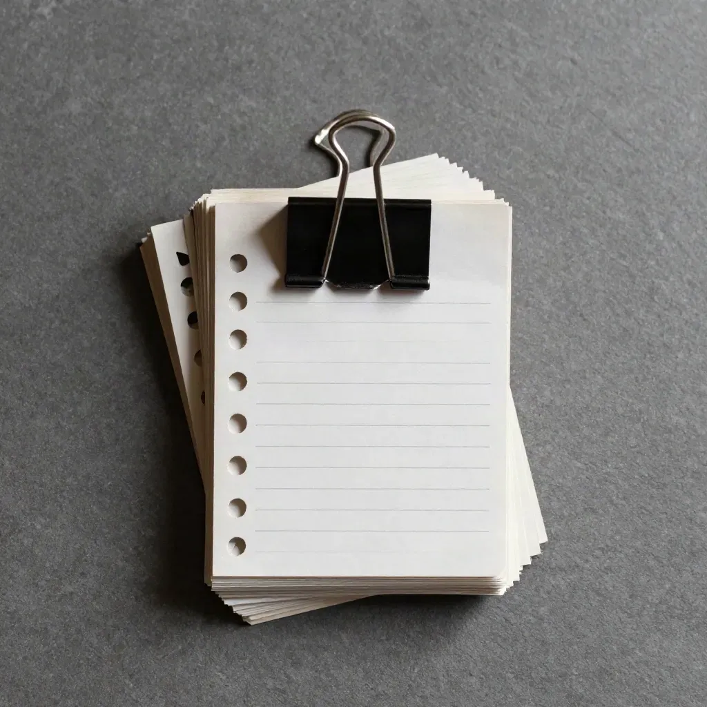 Bovenaanzicht van een gestapelde takenlijst met binderclip en tab op neutrale ondergrond.