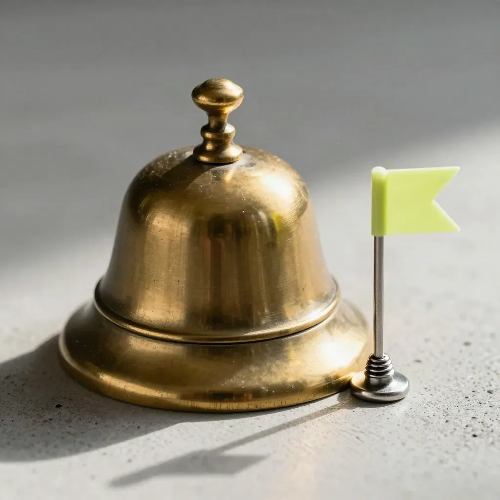 Brass bel, klem en lime herinneringsvlag op grijze betonondergrond.