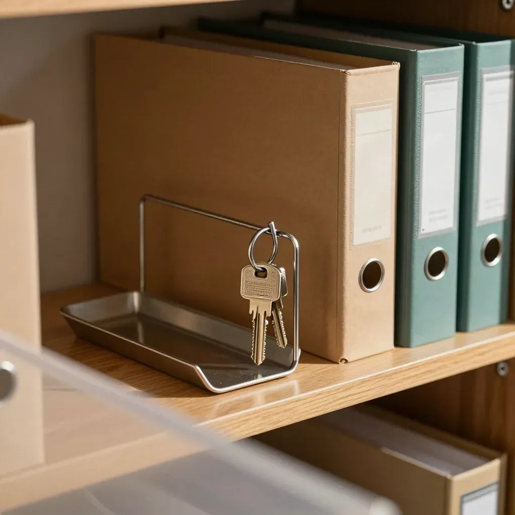 Archiefdozen, sleutelrek en mappen op een houten plank in een stille kantoorhoek.