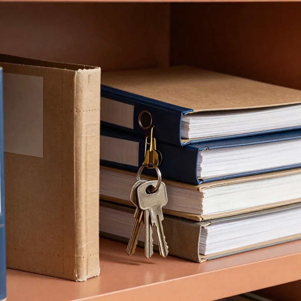 Archiefdozen, een sleutelring en binders in warm licht op een matte plank.