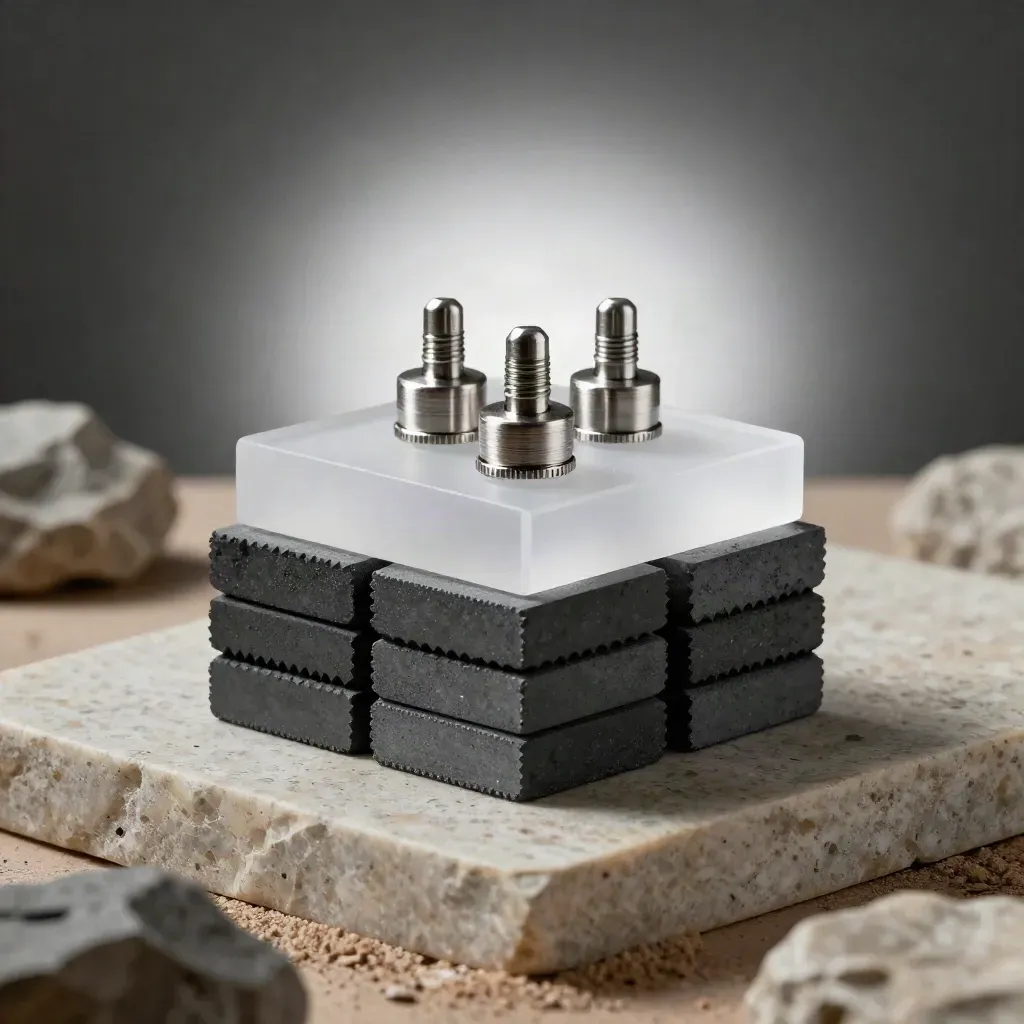 Matte blokken met frosted spacer en connectorpinnen op een stenen ondergrond, dramatisch belicht.