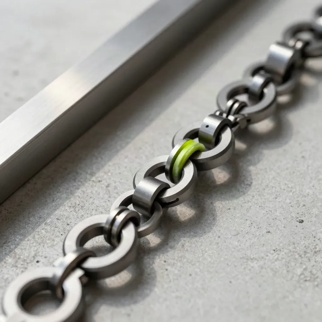 Metalen schakelketen met precisie-onderdeel op grijs beton, in technische editoriale stijl