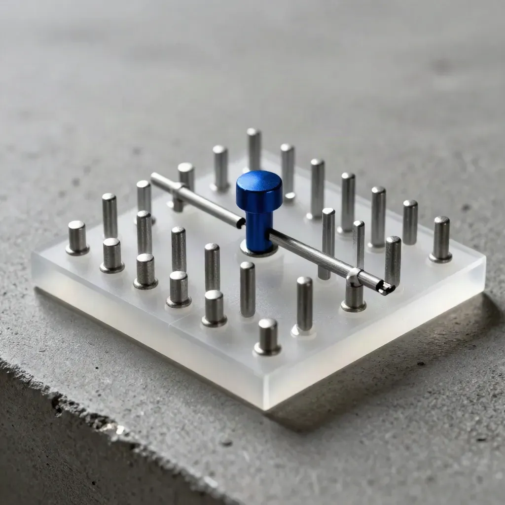 Frostige acrylkoppelingen en aluminium pinnen op een donkere werkvloer.